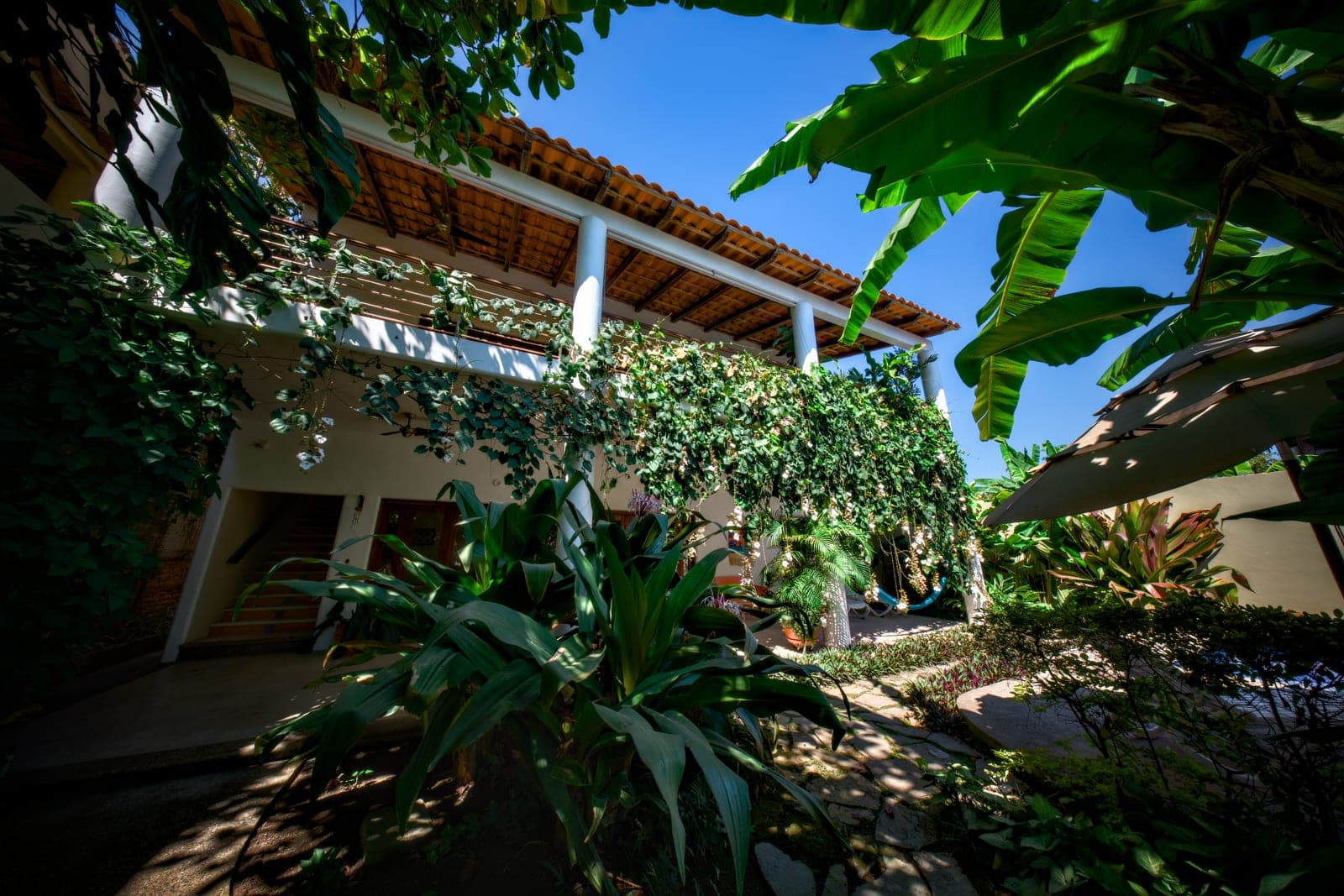 Fachada y vegetación del condominio Los Gallos en Lo de Marcos
